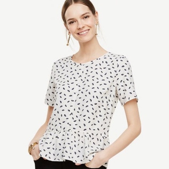 Ann Taylor Tops - Ann Taylor Feather Matte White Blue Peplum Blouse